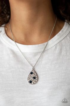 A collection of glassy white and glittery blue rhinestones coalesces inside a shimmery silver teardrop frame, creating a refined pendant. Features an adjustable clasp closure. Sold as one individual necklace. Includes one pair of matching earrings. Accessories Website, Paparazzi Accessories, White Rhinestone, Blue Necklace, Paparazzi Jewelry, Blue Rhinestones, Trendy Accessories, Necklace Earring Set, Vintage Accessories