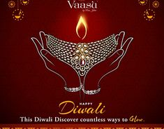 happy diwali greeting card with hand holding lit oil lamp on red and gold background