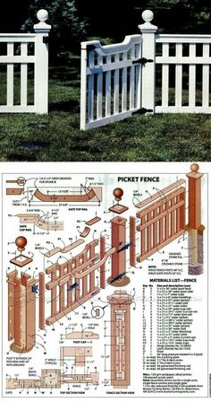 the plans for a picket fence are shown in two different views, one is white and the other is red