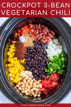 crockpot 3 - bean vegetarian chili recipe in a slow cooker with text overlay