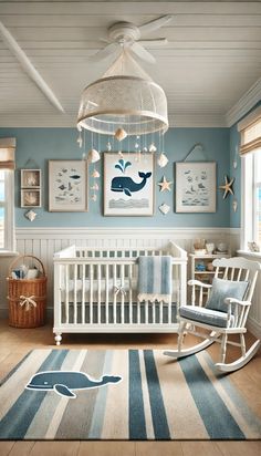 a baby's room decorated in blue and white with an elephant rug on the floor