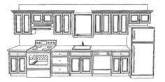 a drawing of a kitchen with an oven and refrigerator