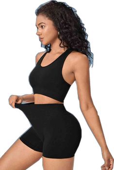 Go-dry Elastane Sports Bra, Stretch Solid Color Sports Bra, 4-way Stretch Elastane Sports Bra, Elastane Stretch Sports Bra, Elastane Sports Bra With Stretch, Stretch Elastane Sports Bra For Sports, High Stretch Seamless Activewear, Black Seamless Activewear With Built-in Shorts, Black Sleeveless Micro-elastic Activewear