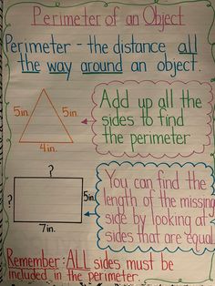 a piece of paper with writing on it that says perimeter the distance all the way around an object