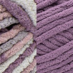 a close up view of a purple and white crochet blanket with multiple colors