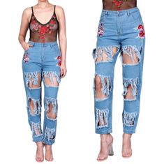 These Jeans Feature A Mid-Rise Waist, A Skinny Fit, And Frayed Raw Edges. They Are Made From A Stretchy Cotton Blend Fabric For Comfort And Feature A Classic Five-Pocket Design. The Detailed Applique And Embroidery Make These Jeans Unique And A Perfect Addition To Any Wardrobe. Y2k Rose Appliqu Distressed Skinny Denim Jeans Super Chic Boyfriend Jeans With Cutout And Embroidered Rose Patches. #Distresseddenim Y2k Distressed Rose Design Skinny Denim Jeans Small 26'in - 27.5'in Medium/Large Size 29 Ripped Cotton Jeans For Spring, Ripped Stretch Jeans For Summer, Spring Ripped Cotton Jeans, Stretch Ripped Jeans For Summer, Summer Stretch Ripped Jeans, Ripped High Waist Jeans For Spring, High Waist Ripped Jeans For Spring, Spring High Waist Ripped Jeans, Distressed Denim Jeans For Spring