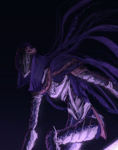 an animated image of a creature with long hair and purple clothes, standing in the dark