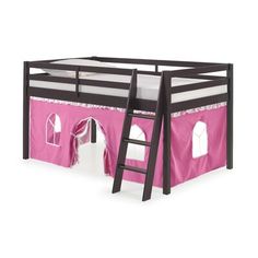 a bunk bed with a pink tent on the top and ladders to the bottom