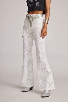 Maddox White Sequin Lace Pants White Lace Pants Outfit, Lace Pants Outfit, Sequin Flare Pants, Concert Dresses, Black Velvet Pants, 12th Tribe, Satin Trousers, Lace Pants, Top Wedding Dresses