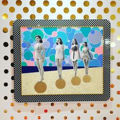 three women in bathing suits walking on the beach with polka dotty dots around them