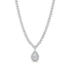 Exude an elegant vibe when you wear this pear-shaped lab-created diamond drop necklace. Fashioned in cool 10K white gold A double frame of lab-created diamonds surrounds the 1/2 ct. pear-shaped lab-created diamond drop. Round lab-created diamonds line half the length of the design in sparkle. Radiant with 2 cts. t.w. of lab-created diamonds This adjustable 18.0-inch cable chain necklace secures with a lobster claw clasp. Pear-shaped Cubic Zirconia Diamond Necklace For Formal Occasions, Formal Pear-shaped Cubic Zirconia Diamond Necklace, Timeless Teardrop Diamond Necklace For Formal Occasions, Elegant Pear-shaped Solitaire Necklace For Formal Occasions, Timeless Teardrop Drop Necklace For Formal Occasions, Classic Teardrop Bridal Necklace With Diamond Accents, Formal Teardrop Diamond Cut Necklace, White Gold Pear-shaped Bridal Necklace For Formal Occasions, White Gold Pear-shaped Bridal Necklace For Formal Events