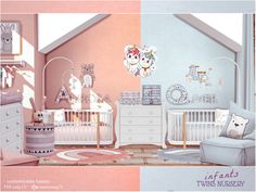 a baby's room is decorated in pastel colors and features two cribs