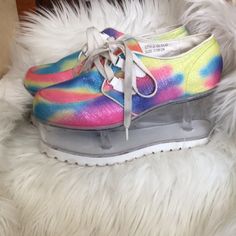 Ultra Rare Hard To Find Yru Qloud Kreep Rainbow Creepers Platform Stacked Shoes Wedge Sneaker See Through Acrylic Clear Heels Shoes Platform Shoes By Yru, Clear Platform With Rainbow Upper. Size 7/38. The 90's Rainbow In These Yru Qloud Kreep Clear Platform Sneakers! Featuring A Round Toe, Flatform, Front Lace-Up, Faux Leather Upper And Lightweight, Foam-Like Bottom With Saw-Tooth Outsole. Heel Height 3.5” Very Unique And Cute. Perfect For Any Occasions Of Special Events, Festival, Etc Great Condition, See Photos For Wear. Casual Pink Lace-up Heels, Multicolor Closed Toe Synthetic Sneakers, Multicolor Synthetic Closed Toe Sneakers, Multicolor Platform Heels With Round Toe, Rainbow Platform Heels With Round Toe, Rainbow Round Toe Platform Heels, Low-top Synthetic Platform Heels, Low-top Platform Heels In Synthetic Material, Colorful Synthetic Heels With Round Toe