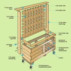 a wooden bench with instructions on how to build the seat and back compartment for it