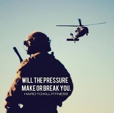 a man standing in front of a helicopter with the words will the pressure make or break you?