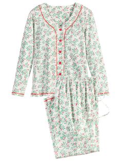 Our Holly Berry Jersey Knit Pajama Set Is ready to be your new favorite pair of pajamas. And what's not to like? This cotton knit pajama set feels so soft and silky and is the perfect weight to wear every night of the year - plus, the holly berry print is festive and cheerful for the season and beyond. The pajamas include a button-front top with long sleeves and matching pajama bottoms with a comfort-minded full elastic waist with an adjustable drawstring. Both are finished with pretty red stitching. Fun Christmas pajamas you'll wear all year long Festive holly berry print with red stitched detail Pajama top has a full button front (approx. 25" long) Pajama bottoms have a full elastic waist with a drawstring (approx. 28" inseam) 100% cotton knit Machine wash and dry Imported Exclusive to T Berry Print, Matching Pajama, Vermont Country Store, Knit Machine, Top With Long Sleeves, Holly Berry, Button Front Top, Country Store, Matching Pajamas