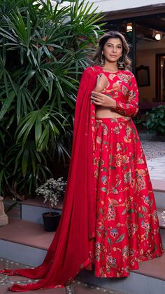 Birds of Paradise Silk Lehenga Set - Red – Ethereal Outfitters Festive Floral Print Choli, Anarkali Style Wedding Palazzo Set With Kalamkari Print, Anarkali Style Kalamkari Print Palazzo Set For Wedding, Wedding Palazzo Set With Kalamkari Print For Diwali, Designer Silk Lehenga With Kalamkari Print, Festive Silk Lehenga With Floral Print, Designer Wear Silk Lehenga With Kalamkari Print, Red Kalamkari Print Lehenga For Festivals, Red Kalamkari Print Choli For Wedding