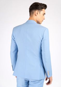 The Ellis Icy Blue Stretch Suit is a fashionable and welcoming piece crafted from a soft powdery blue stretch fabric. This stylish custom made suit provides a bright and clean look, sure to make a statement. Light Blue Notch Lapel Suits For Work, Fitted Blue Long Sleeve Suits, Classic Fitted Light Blue Suit, Classic Light Blue Fitted Suit, Fitted Light Blue Suit For Formal Occasions, Light Blue Tailored Blazer With Suit Collar, Light Blue Fitted Suit For Workwear, Tailored Light Blue Blazer With Suit Collar, Blue Slim Fit Suit With Pressed Crease