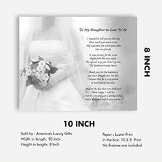 a wedding card with the words 10 inch and an image of a bride holding her bouquet