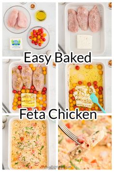 four pictures showing how to make easy baked feta chicken in the microwave, with text overlay