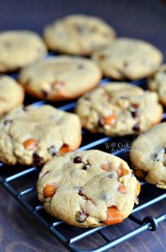 chocolate chip cookies cooling on a rack