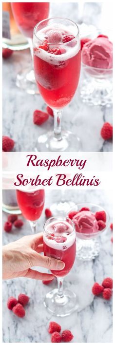 raspberry sorbet bellinis in wine glasses