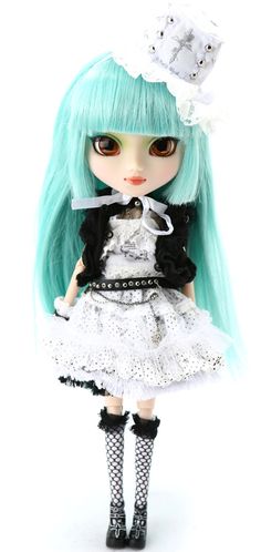 a doll with green hair wearing a white dress and black laces on her head