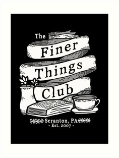 the finer things club logo in black and white, with a stack of books