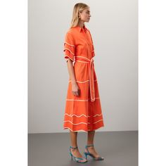 Orange (53% Cotton, 43% Viscose, 4% Elastane). Casual Dresses. Collared. Cap Sleeve. Front button closure. Shoulder to hemline length: 49.5". Imported. Spring A-line Belted Dress, Spring Daywear Belted Fitted Dress, Belted Office Dress For Spring, Spring Formal Collared Belted Dress, Summer Knee-length Dress With Placket, Chic Orange A-line Midi Dress, A-line Dress With Placket For Work, Fitted Belted Dress For Spring Daywear, Formal Short Sleeve Belted Dress For Spring