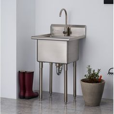 a stainless steel sink with two legs and a potted plant on the floor next to it