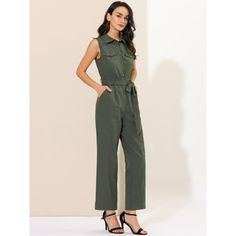 Looking cool is an easy job when you're wearing this sleeveless jumpsuit. Check off the summer trend with this khaki jumpsuit, which is cut from comfy woven cotton and fitted with slant pocket. This button up jumpsuit brings modern charm with its defining waist tie. Working nine to five just got a little more fun with this elastic back jumpsuit. Sleeveless Khaki Jumpsuit With Pockets, Sleeveless Khaki Jumpsuits And Rompers For Spring, Summer Khaki Jumpsuits And Rompers For Workwear, Khaki Sleeveless Jumpsuits For Work, Sleeveless Khaki Jumpsuits For Work, Sleeveless Khaki Jumpsuits And Rompers For Summer, Khaki Sleeveless Jumpsuits And Rompers For Workwear, Sleeveless Green Jumpsuits And Rompers For Work, Sleeveless Solid Color Jumpsuits For Work