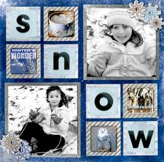 a snow themed scrapbook cover with photos and words in the shape of letters that spell out snow