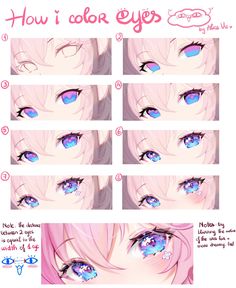 how to draw anime eyes step by step with pictures and text on the bottom page