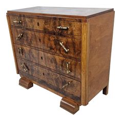 an old chest of drawers with brass handles and knobs on each drawer, isolated against a white background