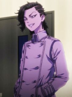 an anime character with black hair wearing a purple outfit and holding his hands in his pockets