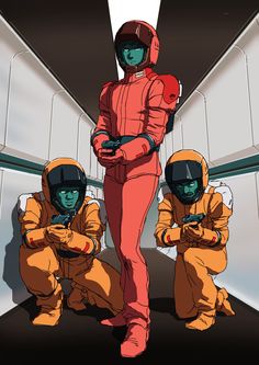 three people in space suits and helmets are sitting on an escalator with their arms crossed