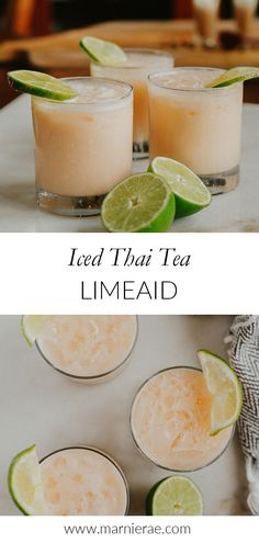 three glasses filled with iced tea and limeade sitting on top of a white table