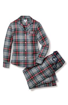 Made from ultrasoft cotton, these printed button-up PJs get softer and more snuggly with each and every wash. 27 1/2" top length; 30" inseam; 18" leg opening; 11 1/2" front rise; 16" back rise (size Medium) Top has front button closure; notched collar; long sleeves; chest patch pocket Pants have elastic/drawstring waist 100% cotton Machine wash, tumble dry Imported Flannel Pjs, Luxury Sleepwear, Cotton Pajama Set, Cotton Pjs, Tartan Design, Plaid Pajamas, Cotton Pajama Sets, Holiday Style, Womens Pyjama Sets