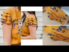 three pictures of the same yellow dress with blue flowers on it, and two different images of