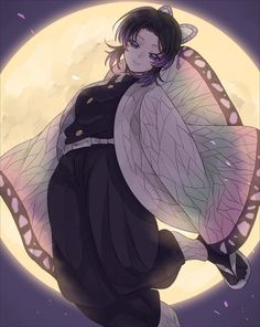 a woman with wings flying in front of a full moon