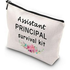 a white zippered pouch with the words assistant principals survival kit printed in black on it