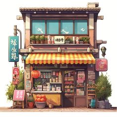 お店やさん Japan Architecture Drawing, Japanese Building Art, Korean Convenience Store Exterior, Japanese Shop Drawing, Japanese House Concept Art, Japanese House Art, Storefront Art, Japan Drawing, Japanese Buildings