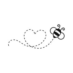 a black and white drawing of a bee flying through the air with a dotted line behind it