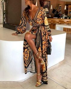 Hot-sale early spring long sleeve v neck print maxi dress p119256 Vintage Print Dress, Womens Wrap Dress, Floor Length Prom Dresses, Dress Sleeve Styles, Split Maxi Dress, Maxi Robes, Ținută Casual, Boho Maxi Dress, Maxi Wrap Dress