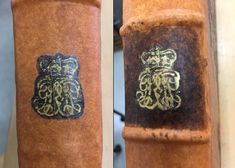 two images of an old fire hydrant with gold and black designs on the side