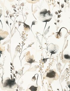 watercolor painting of flowers and plants on a white wallpaper with neutral tones in the background