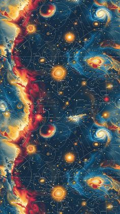 Seamless pattern showcasing celestial maps and planetary orbits in vintage and modern styles, ideal for artistic projects.