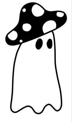 a black and white image of a mushroom with spots on it's head, in the shape of a ghost