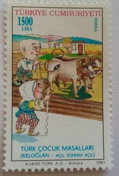 a stamp with an image of two children and a cow