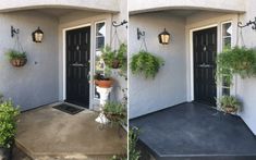 two pictures of the front door of a house with potted plants on each side